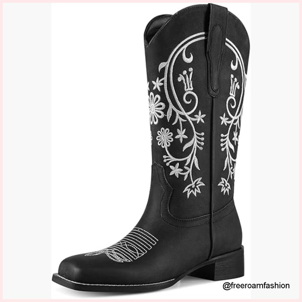 Women's Mid Calf Cowboy Boots Square Toe Pull On Low Heel Embroidery